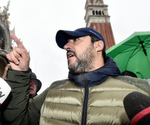 Flooding in the lagoon city of Venice League party leader Matteo Salvini gestures as he visits the flooded St. Mark's Square, as high tide reaches peak, in Venice, Italy November 15, 2019. REUTERS/Flavio Lo Scalzo FLAVIO LO SCALZO