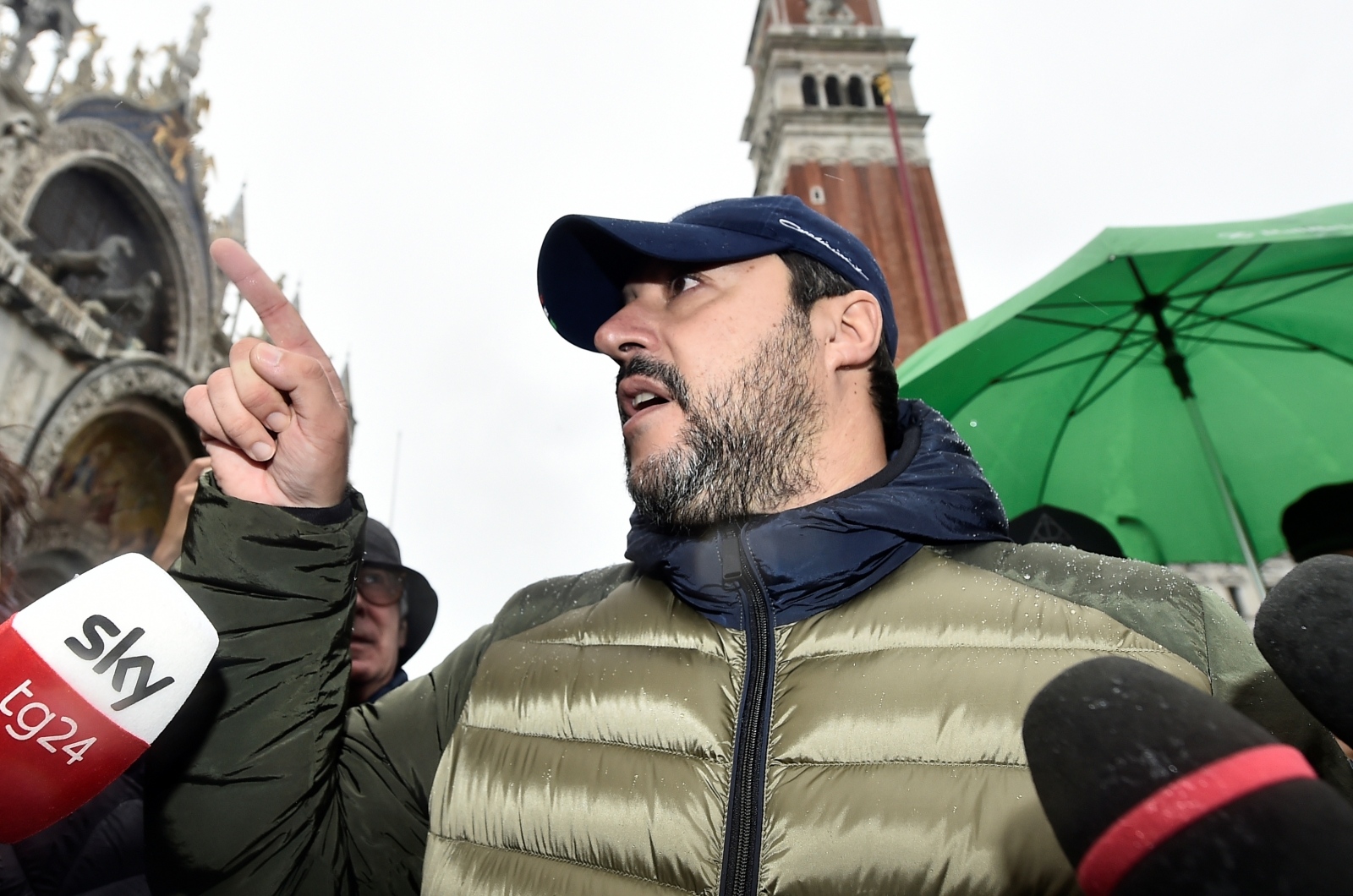Flooding in the lagoon city of Venice League party leader Matteo Salvini gestures as he visits the flooded St. Mark's Square, as high tide reaches peak, in Venice, Italy November 15, 2019. REUTERS/Flavio Lo Scalzo FLAVIO LO SCALZO