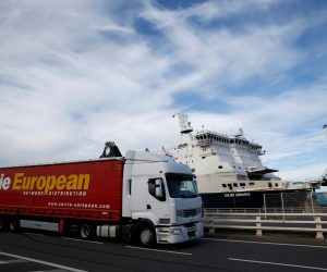 A truck disembarks from a ferry in the harbour of Calais A truck disembarks from a ferry in the harbour of Calais, France, October 29, 2019. Picture taken October 29, 2019. REUTERS/Pascal Rossignol PASCAL ROSSIGNOL