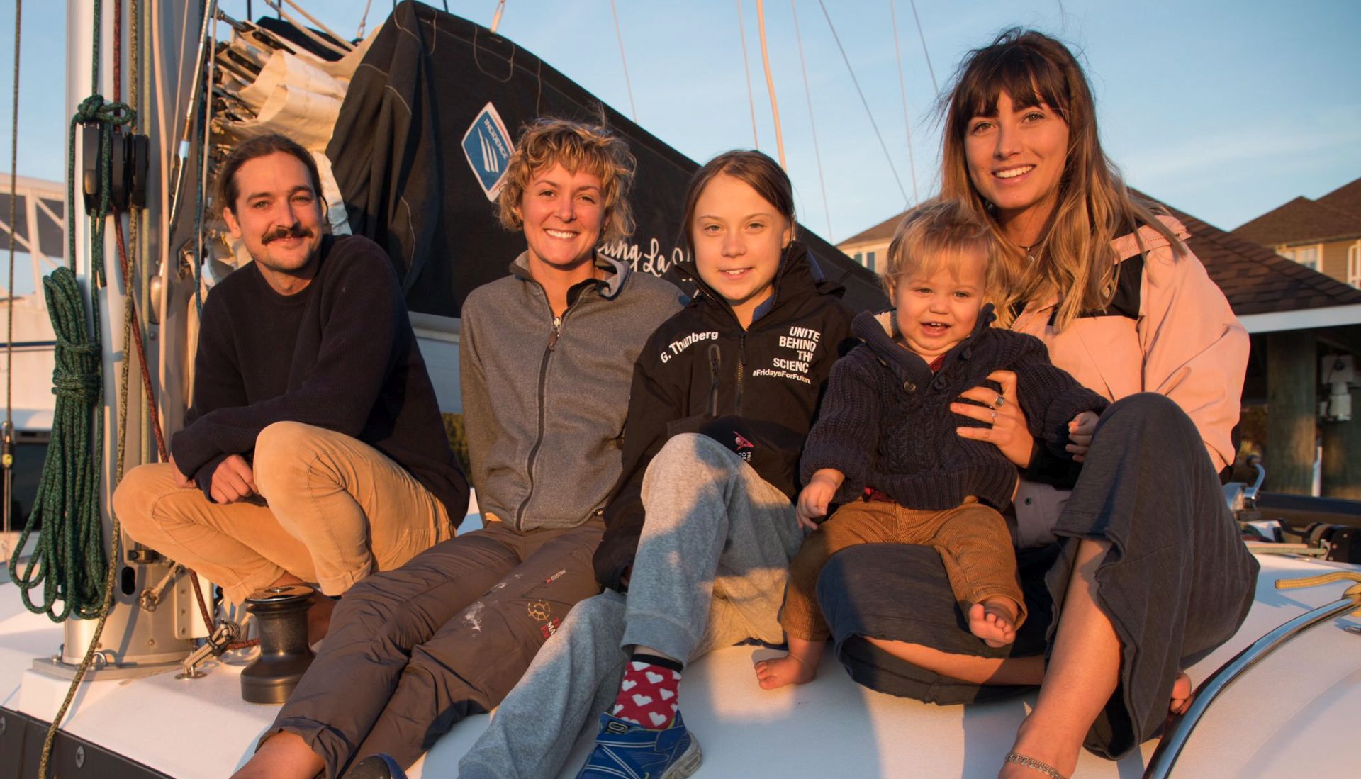 epa07992493 A handout photo made available by Greta Thunberg shows her (C) with Australian couple Riley Whitelum (L) and Elayna Carausu (R), and English skipper Nikki Henderson (2-L) on board the catamaran La Vagabonde at an undisclosed location in Virginia, USA, 12 November 2019 (issued 13 November 2019). Swedish climate activist Greta Thunberg is to set sail for Europa to take part in the COP25 climate summit in Madrid in early December.  EPA/GRETA THUNBERG HANDOUT  HANDOUT EDITORIAL USE ONLY/NO SALES