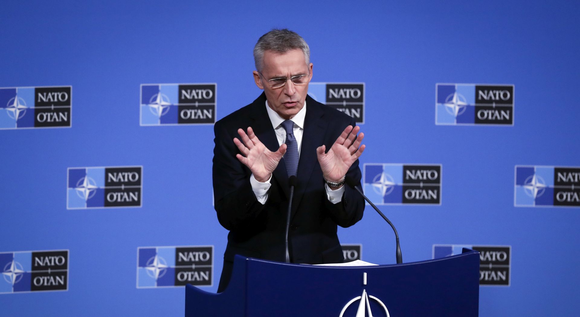 epa08007866 NATO Secretary General Jens Stoltenberg gives a press conference ahead of a NATO foreign ministers meeting in Brussels, Belgium, 23 October 2019. NATO Secretary General among other things reacts to comments of French President Emmanuel Macron saying NATO is 'brain-dead'. The Secretary General annouced a visit to meet President Macron next week.  EPA/OLIVIER HOSLET