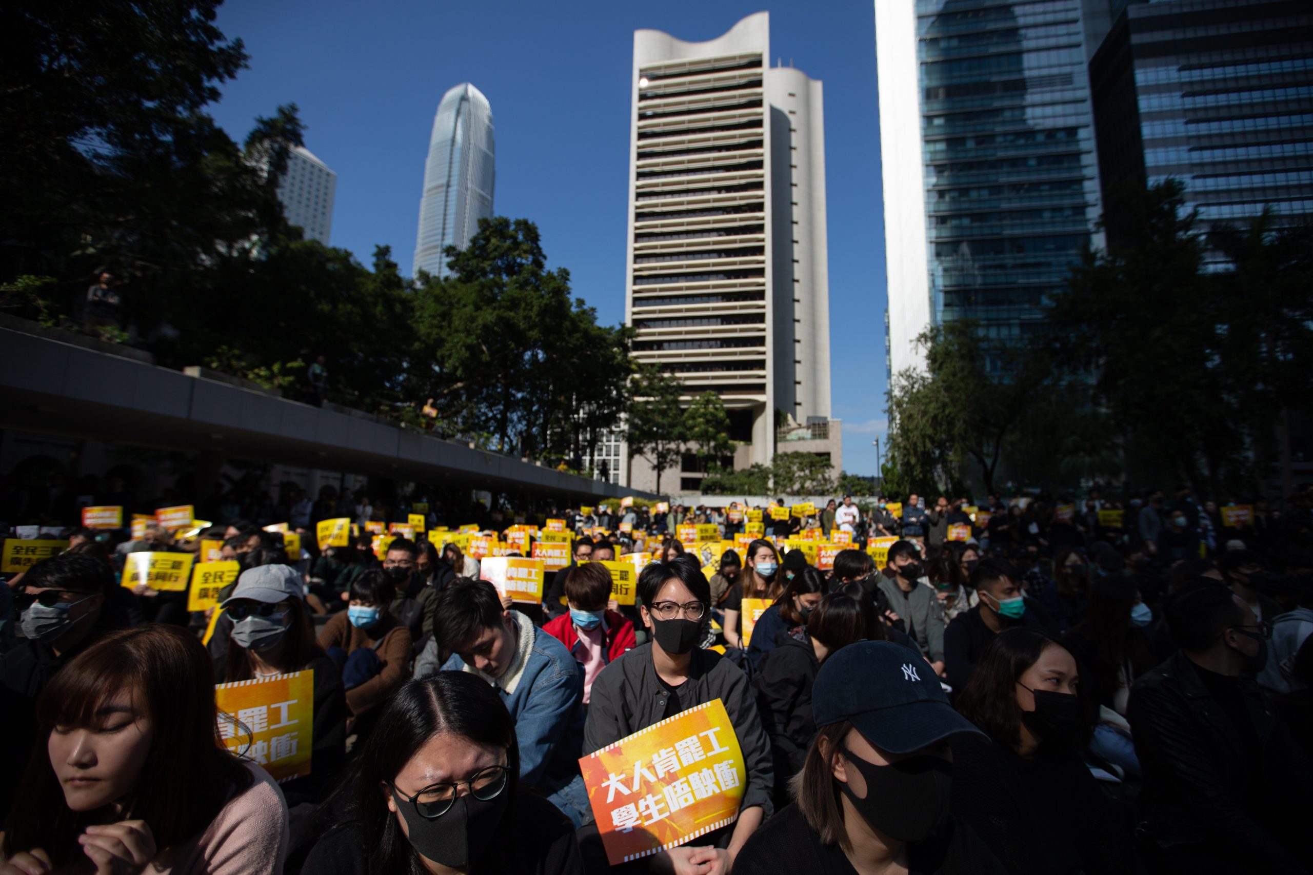 epa08038753 Workers and protesters from the advertising sector attend a rally in Chater Garden, Hong Kong, China, 02 December 2019. The participants began a week-long strike on 02 December in support of the anti-government protests that have been taking place in the city. Hong Kong is in its sixth month of mass protests, which were originally triggered by a now withdrawn extradition bill, and have since turned into a wider pro-democracy movement.  EPA/JEROME FAVRE
