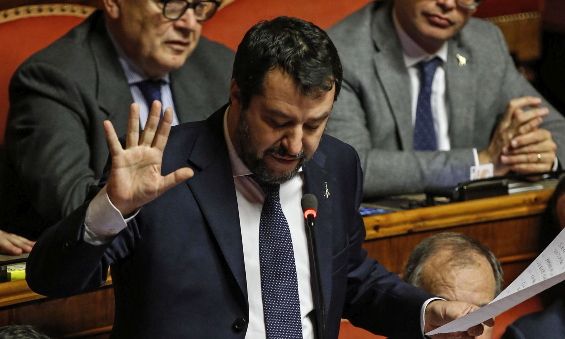 epa08039843 League secretary Matteo Salvini delivers a speech during a session of the Senate in Rome, Italy, 02 December 2019. Italian Prime Minister Giuseppe Conte reported on the European Stability Mechanism (ESM) as coalition infighting deepen on the reform of the eurozone's bailout fund, media reported. Italy's government will hold a vote in parliament abut the reform next week.  EPA/FABIO FRUSTACI
