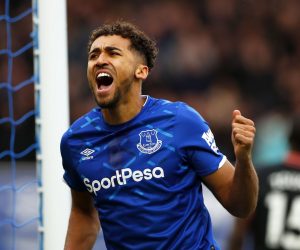 epa08051454 Everton's Dominic Calvert-Lewin celebrates the opening goal during the English Premier league soccer match between Everton and Chelsea FC at Goodison Park in Liverpool, Britain, 07 December 2019.  EPA/LYNNE CAMERON EDITORIAL USE ONLY. No use with unauthorized audio, video, data, fixture lists, club/league logos or 'live' services. Online in-match use limited to 120 images, no video emulation. No use in betting, games or single club/league/player publications