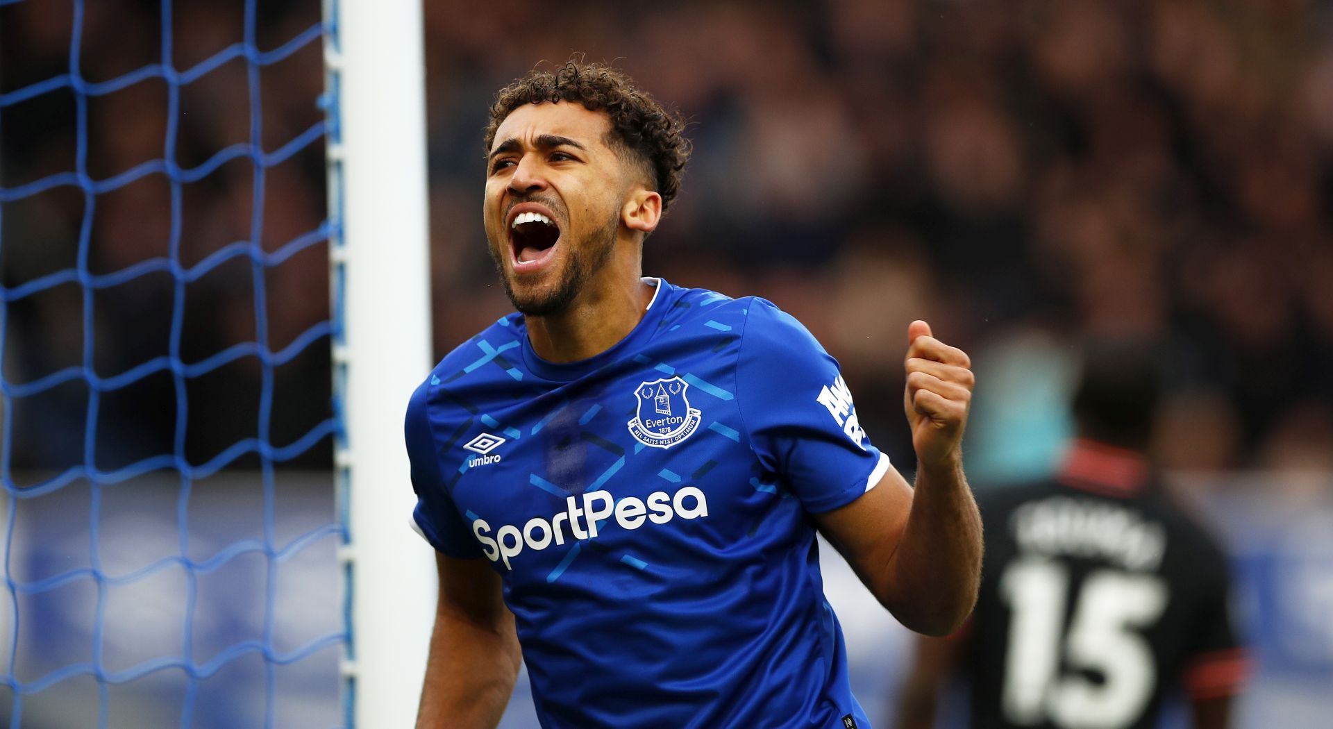 epa08051454 Everton's Dominic Calvert-Lewin celebrates the opening goal during the English Premier league soccer match between Everton and Chelsea FC at Goodison Park in Liverpool, Britain, 07 December 2019.  EPA/LYNNE CAMERON EDITORIAL USE ONLY. No use with unauthorized audio, video, data, fixture lists, club/league logos or 'live' services. Online in-match use limited to 120 images, no video emulation. No use in betting, games or single club/league/player publications