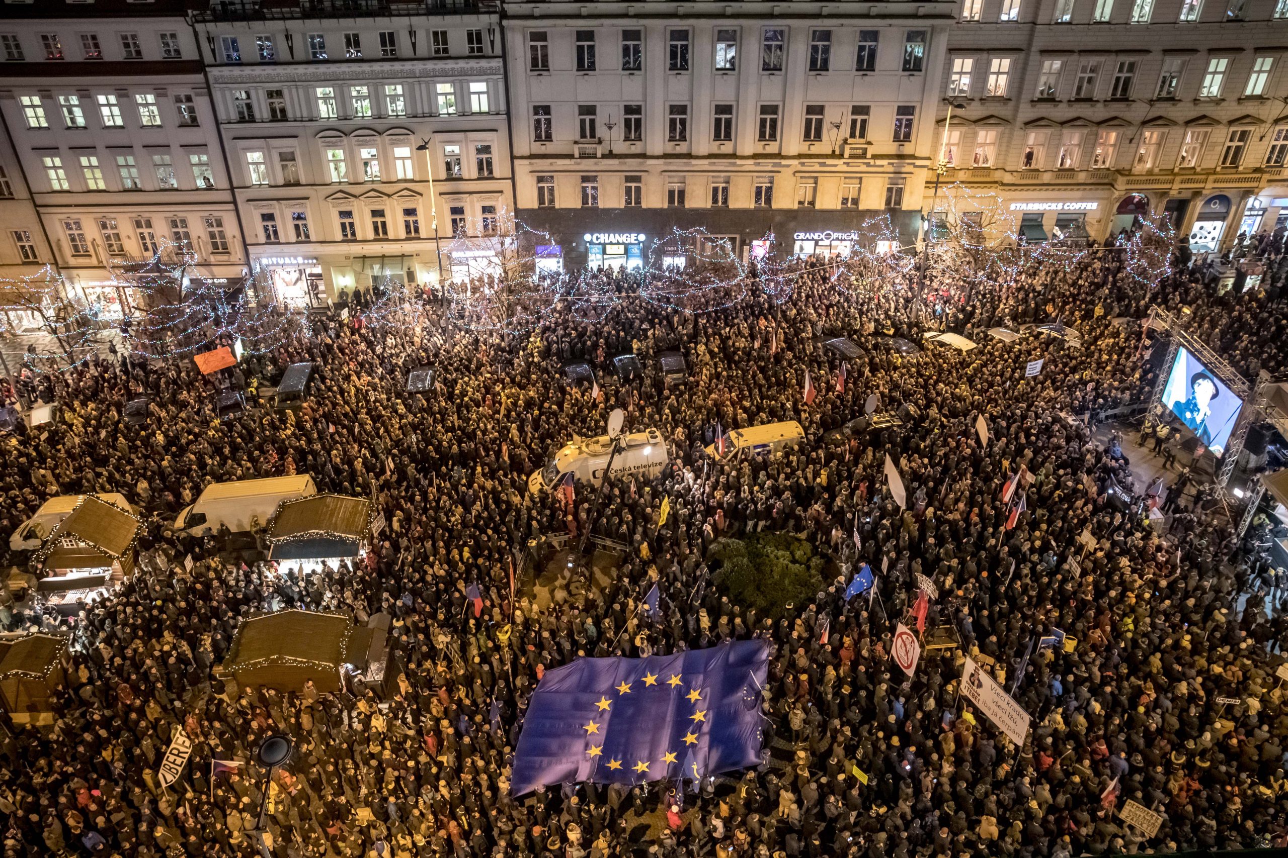 epa08060477 People gather to protest against Czech Prime Minister Andrej Babis at the Wenceslas Square in Prague, Czech Republic, 12 December 2019. Tens of thousands of people were demanding the resignation of Babis due to alleged conflicts of interest involving his former Agrofert conglomerate he founded. On 04 December 2019 high level Czech prosecutor Pavel Zeman has ordered the reopening of the probe into fraud allegations against Babis. The case that involves subsidies of European Union was dropped by the Prague state attorney in September 2019, and further investigations and new ruling ordered.  EPA/MARTIN DIVISEK