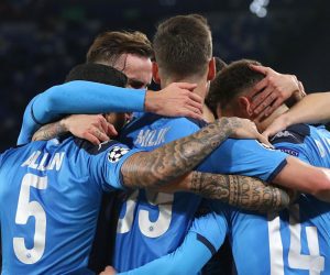epa08060783 Napoli players celebrate during the UEFA Champions League Group E soccer match between SSC Napoli and KRC Genk at the San Paolo stadium in Naples, Italy, 10 December  2019.  EPA/CESARE ABBATE