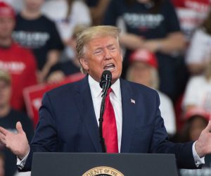 epa08061559 US President Donald J. Trump speaks during a campaign rally at the Giant Center in Hershey, Pennsylvania, USA, 10 December 2019. President Trump carried the battleground state of Pennsylvania by just over 44,000 votes in 2016.  EPA/TRACIE VAN AUKEN