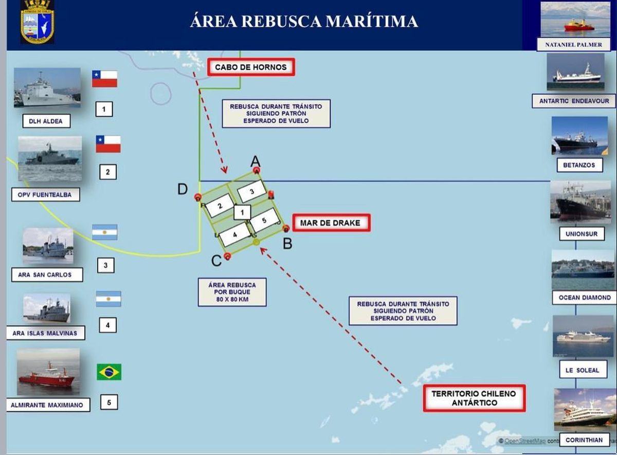 epa08062891 A handout graphic made available by Chile Air Force (FACh) that shows the operation in the search area of the military aircraft Hercules C-130, 11 December 2019. The military aircraft with 38 people on board went missing while en-route to the country's base in Antarctica, Chile's Air Force confirmed in the evening of 09 December 2019. The aircraft took off from Punta Arenas at 16:55 local time (19:55 GMT), and operators lost contact at 18:13 local time (21:13 GMT).  EPA/CHILEAN AIR FORCE / HANDOUT  HANDOUT EDITORIAL USE ONLY/NO SALES