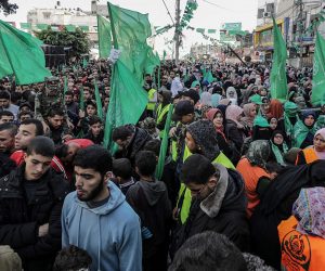 epa08071658 Hamas supporters attend a rally to mark the 32nd anniversary of the group, in Gaza City, 14 December 2019. Hamas was founded in 1987, shortly after the Palestinian Intifada (uprising) broke out against the Israeli occupation of the West Bank and Gaza.  EPA/MOHAMMED SABER