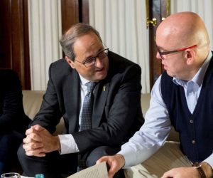 epa08081636 Catalan regional President Quim Torra (C) chats with Catalan regional Government spokeswoman, Meritxell Budo (L), and his lawyer Gonzalo Boye (R), in Barcelona, Spain, 19 December 2019. Torra has been suspended for 18 months on 19 December 2019 from all public duties, for disobeying the order, ruled by Spanish Election Commission, of removing the yellow ribbons, symbol of supporting Catalan imprisoned politicians, during the election campaign for general elections 28 April 2019, Catalonia Higher Justice Court announced.  EPA/QUIQUE GARCIA