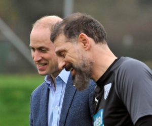 Britain's Prince William meets soccer players in Walsall Britain's Prince William meets soccer coach Slaven Bilic during a visit to West Bromwich Albion Training Ground as part of the Heads Up campaign in Walsall, Britain November 28, 2019. Rui Vieira/Pool via REUTERS POOL