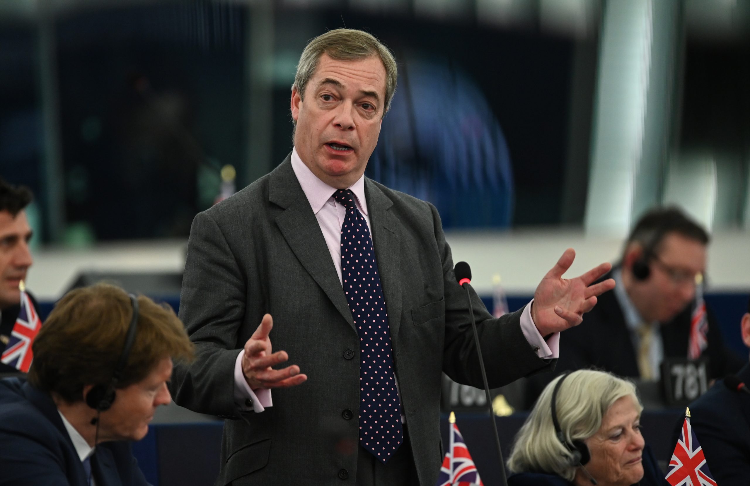 epa08078930 Nigel Farage from the Brexit Party delivers his speech during a debate at the European Parliament in Strasbourg, France, 18 December 2019.  EPA/PATRICK SEEGER