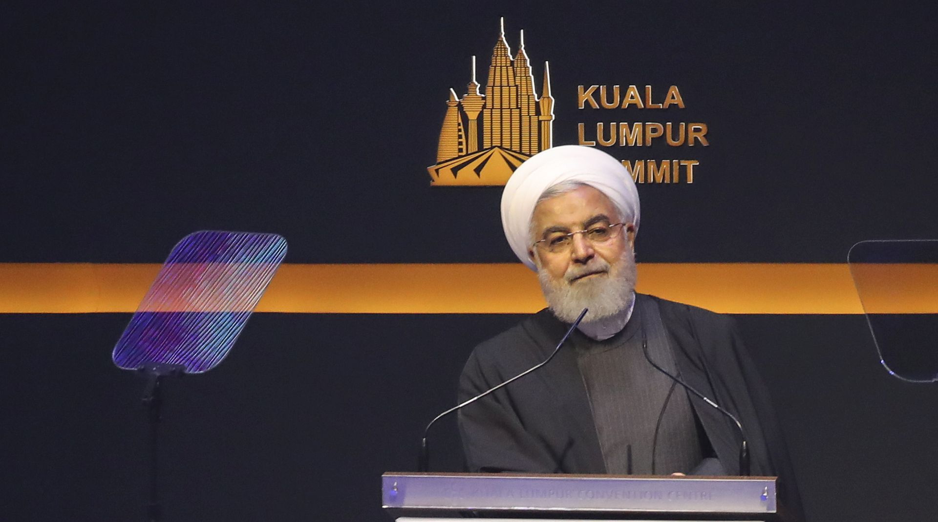 epa08081010 Iranian President Hassan Rouhani speaks at the KL Summit 2019, in Kuala Lumpur, Malaysia, 19 December 2019. The four-day gathering of leaders from the world's most-populous Muslim countries, runs from 18 through to 21 December.  EPA/FAZRY ISMAIL
