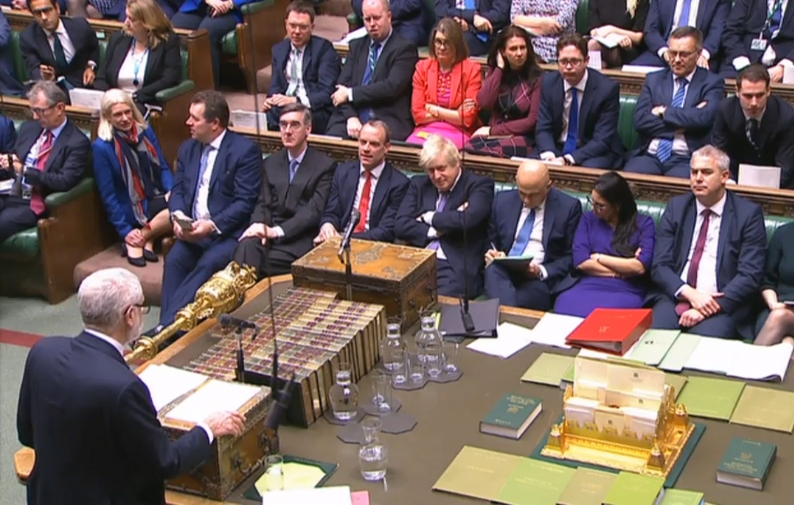 epa08083027 A grab from a handout video made available by the UK Parliamentary Recording Unit shows Labour party leader Jeremy Corbyn (bottom L) addressing MPs as British Prime Minister Boris Johnson (C) looks on at the House of Commons, in London, Britain, 20 December 2019. The MPs are due to vote later today on Prime Minister Johnson's plan for the United Kingdom to leave the EU on 31 January 2020.  EPA/UK PARLIAMENTARY RECORDING UNIT / HANDOUT MANDATORY CREDIT: UK PARLIAMENTARY RECORDING UNIT HANDOUT EDITORIAL USE ONLY/NO SALES