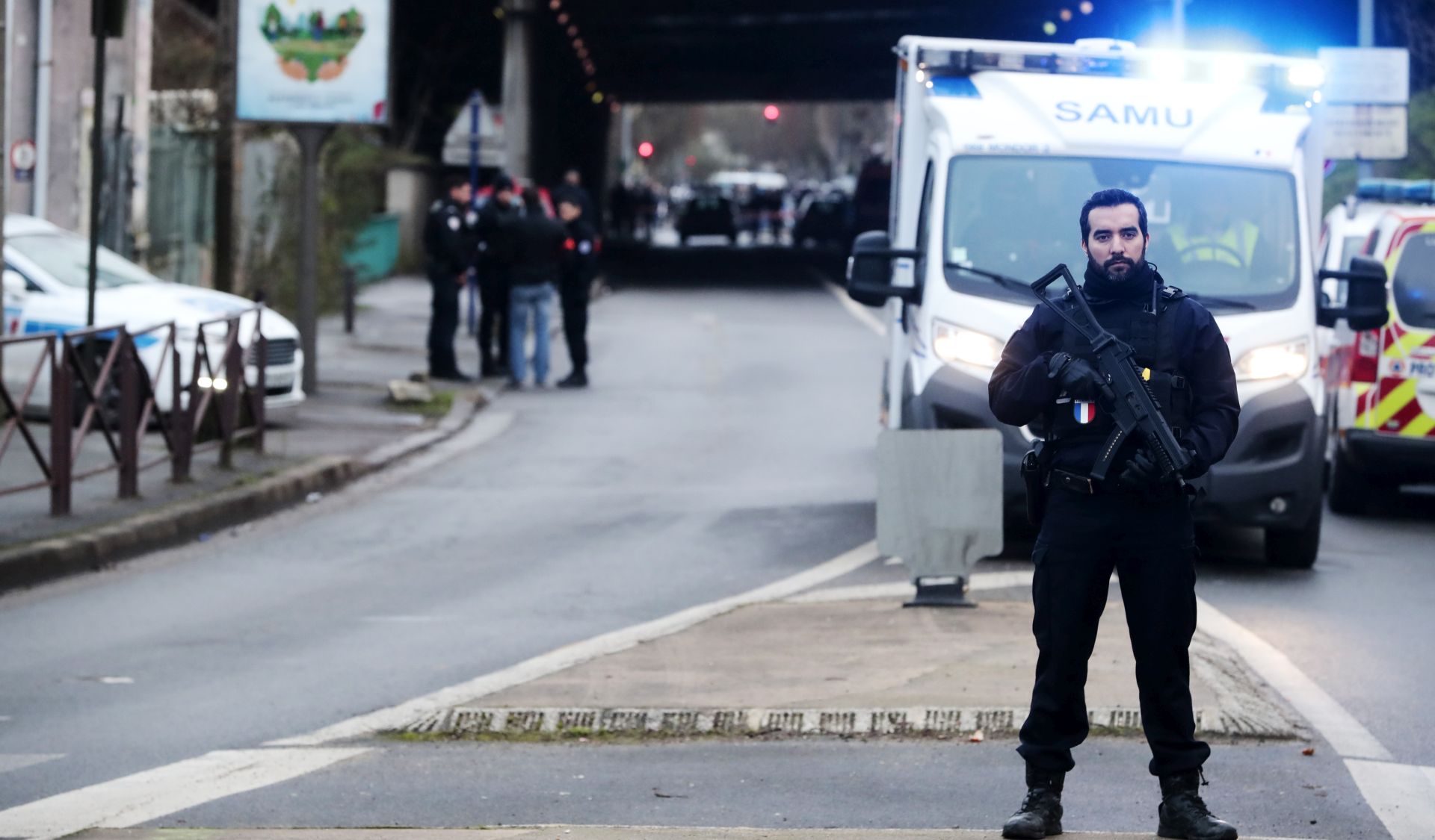epa08100395 French police and rescue team stand at a security perimeter at the Hautes-Bruyeres public park in Villejuif, near Paris, France, 03 January 2020, after a man stabbed several people. According to recent reports, one person died, two are seriously injured. Police killed the assailant.  EPA/CHRISTOPHE PETIT TESSON