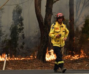 epa08103583 A firefighter works to contain a small bushfire, which closed the Princes Highway, near Ulladulla, Australia, 05 January 2020. According to media reports, at least 1,200 homes in Victoria and New South Wales have been destroyed by fires this season, at least 18 people have died, and more than 5.9 million hectares have been burnt.  EPA/DEAN LEWINS  AUSTRALIA AND NEW ZEALAND OUT
