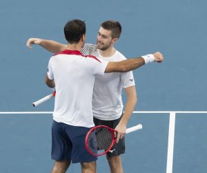epa08106680 Ivan Dodig (L) and Nikola Mektic (R) of Croatia react after winning against Poland during the doubles match on day four of the ATP Cup tennis tournament at Ken Rosewall Arena in Sydney, Australia, 06 January 2020.  EPA/CRAIG GOLDING AUSTRALIA AND NEW ZEALAND OUT  EDITORIAL USE ONLY
