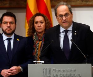epa08116853 Catalan regional President, Quim Torra (R), and Vice President, Pere Aragones (L), address a press conference in Barcelona, Spain, 10 January 2020, to announce he 'does not recognize the effects' of the Supreme's Court announcement. The Supreme Court has denied Torra's petition to urgently suspend the decision made by the Spanish Electoral Commission, last 03 January 2020, of withdrawing Torra's MP certificate after last 19 December 2019, the Catalan Superior Court of Justice sentenced Torra to be suspended for 18 months after he refused to withdraw pro-independence symbols from public buildings during the electoral period.  EPA/Quique García