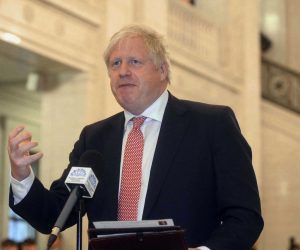 epa08124919 Britain's Prime Minister Boris Johnson speaks at Stormont government buildings in Belfast, Northern Ireland, as he meets with First Minister Foster for talks regarding the new power sharing institutions in Northern Ireland, 13 January 2019.  EPA/MARK MARLOW Best quality available