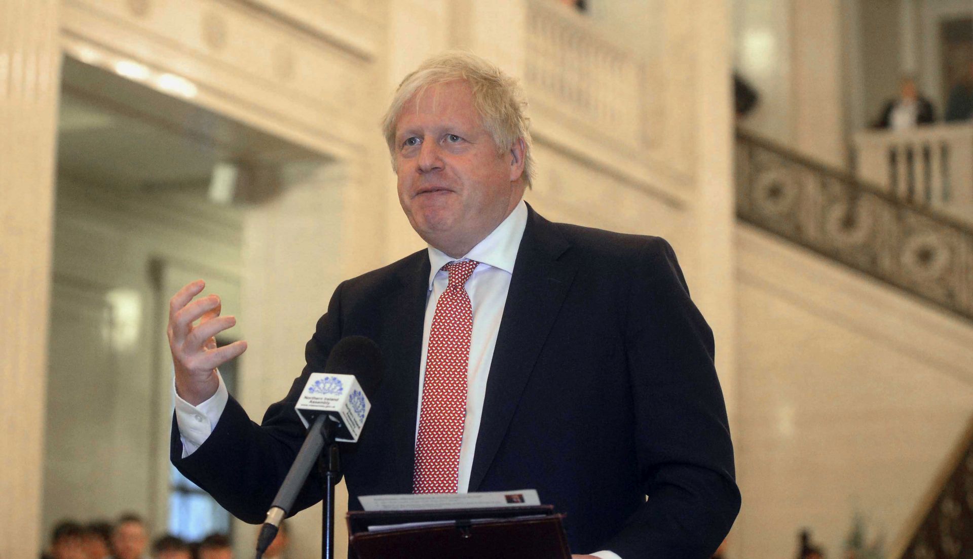 epa08124919 Britain's Prime Minister Boris Johnson speaks at Stormont government buildings in Belfast, Northern Ireland, as he meets with First Minister Foster for talks regarding the new power sharing institutions in Northern Ireland, 13 January 2019.  EPA/MARK MARLOW Best quality available