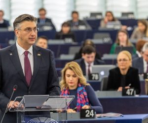 epa08126529 Croatian Prime Minister Andrej Plenkovic (L) delivers his speech during a presentation of the programme of activities of the Croatian Presidency at the European Parliament in Strasbourg, France, 14 January 2020.  EPA/PATRICK SEEGER