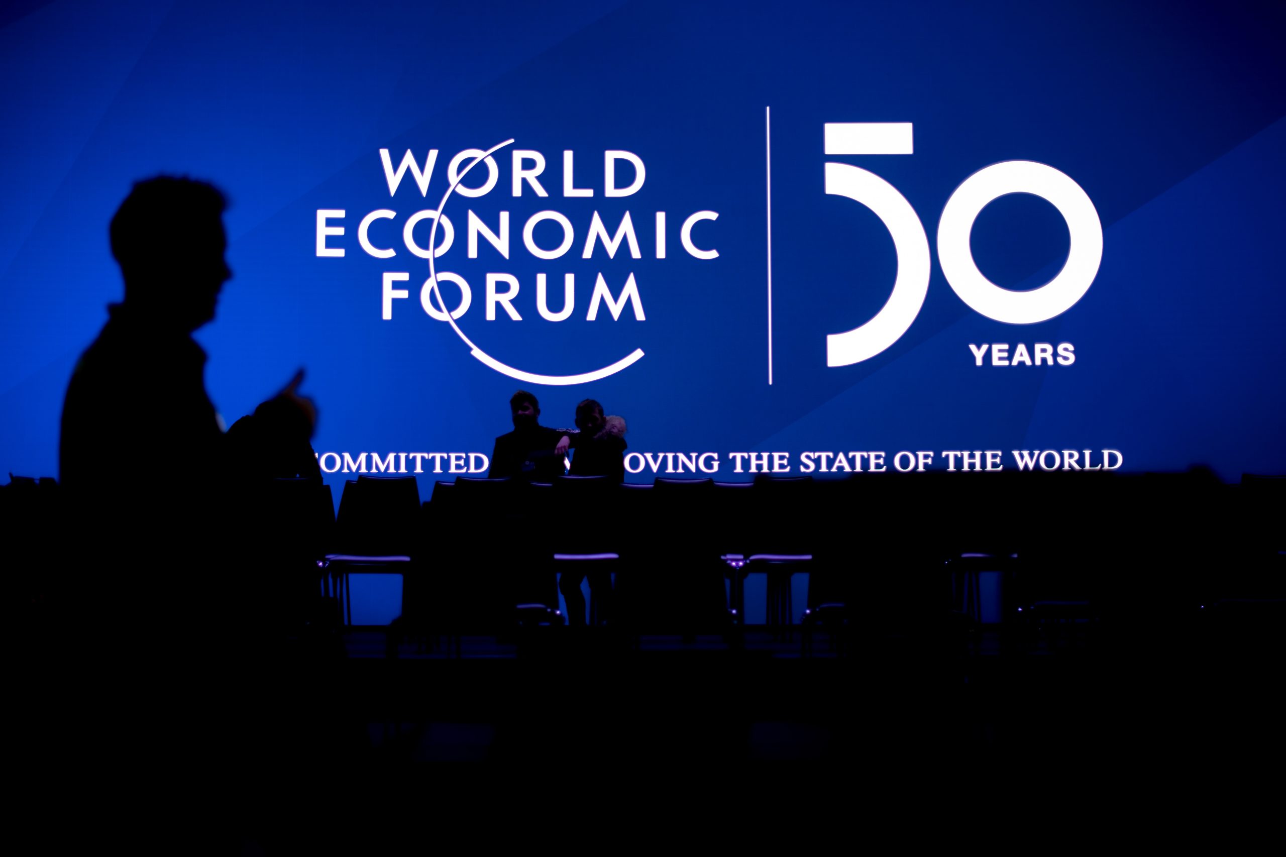 epa08140635 A worker sets the stage prior the 50th annual meeting of the World Economic Forum (WEF) in Davos, Switzerland, 19 January 2020. The meeting brings together entrepreneurs, scientists, corporate and political leaders in Davos under the topic 'Stakeholders for a Cohesive and Sustainable World' from 21 to 24 January 2020.  EPA/GIAN EHRENZELLER