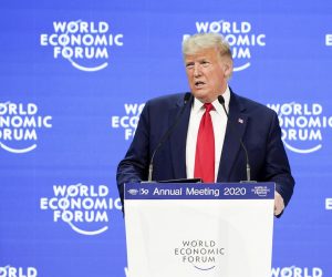 epa08146868 US President Donald J. Trump addresses a plenary session during the 50th annual meeting of the World Economic Forum (WEF) in Davos, Switzerland, 21 January 2020. The meeting brings together entrepreneurs, scientists, corporate and political leaders in Davos under the topic 'Stakeholders for a Cohesive and Sustainable World' from 21 to 24 January 2020.  EPA/GIAN EHRENZELLER