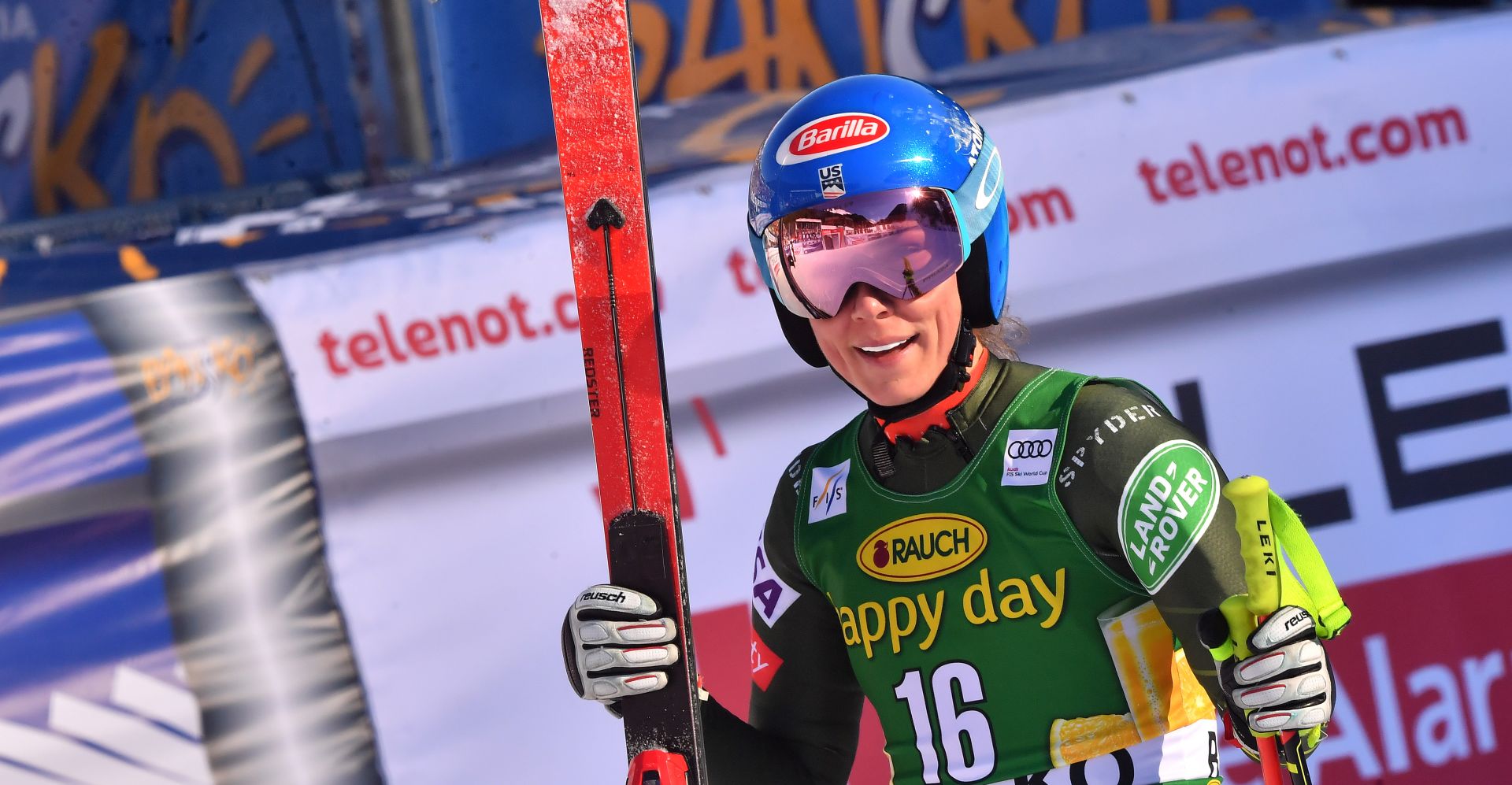 epa08157856 Mikaela Shiffrin of United States reacts in the finish area after the Women's Downhill race at the FIS Alpine Skiing World Cup in Bansko, Bulgaria on 24 January 2020.  EPA/GEORGI LICOVSKI