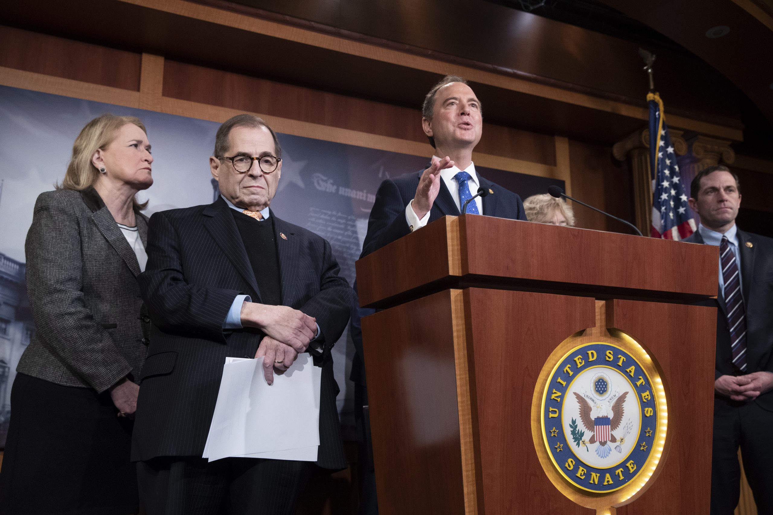 epa08164321 House Permanent Select Committee on Intelligence Chairman Adam Schiff (C) delivers remarks beside other House impeachment managers (L to R); Democratic Representative from Texas Sylvia Garcia, House Judiciary Committee Chairman Jerry Nadler and Democratic Representative from Colorado Jason Crow, 
during a news conference following the Senate impeachment trial in the US Capitol in Washington, DC, USA, 25 January 2020. Following three days of opening arguments from House impeachment managers, members of the defense team for US President Donald J. Trump began their defense in the impeachment trial of US President Donald J. Trump.  EPA/MICHAEL REYNOLDS