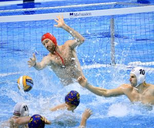 epa08167759 Hungary's goalkeeper Viktor Nagy (C) in action during the men's European Water Polo Championship final match between Hungary and Spain in Budapest, Hungary, 26 January 2020.  EPA/ZSOLT SZIGETVARY HUNGARY OUT