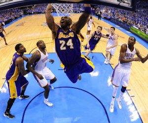 epa08167943 (FILE) Los Angeles Lakers player Kobe Bryant (C) dunks the ball against the Oklahoma City Thunder in the second half of game five of the Western Conference Semifinals round game at the Chesapeake Energy Arena in Oklahoma City, Oklahoma USA, 21 May 2012 (reissued 26 January 2020). According to media reports former US basketball player Kobe Bryant has died in a helicopter crash in Calabasas, California, USA on 26 January 2020. He was 41.  EPA/LARRY W. SMITH SHUTTERSTOCK OUT *** Local Caption *** 50351469