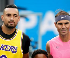 epa08169334 Nick Kyrgios of Australia (L) and Rafael Nadal of Spain (R) pose for a photo ahead of their fourth round match at the Australian Open tennis tournament at Melbourne Park in Melbourne, Australia, 27 January 2020.  EPA/DAVE HUNT AUSTRALIA AND NEW ZEALAND OUT  EDITORIAL USE ONLY
