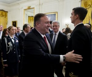 epa08173389 US Secretary of State Mike Pompeo (C) leaves the East Room after the unveiling of US President Donald J. Trump's Middle East peace plan, at the White House in Washington, DC, USA, 28 January 2020. US President Donald J. Trump's Middle East peace plan has already been rejected by Palestinian leaders, having withdrawn from engagement with the White House after Trump recognized Jerusalem as the capital of Israel. The proposal was announced while Netanyahu and his political rival, Benny Gantz, both visit Washington, DC.  EPA/MICHAEL REYNOLDS