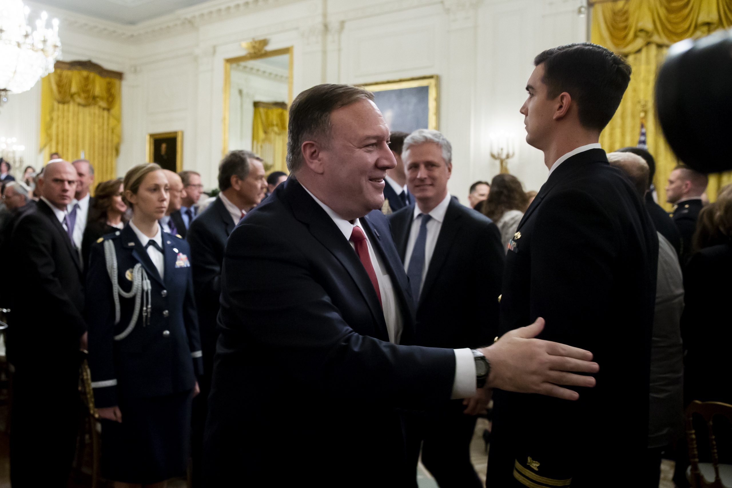 epa08173389 US Secretary of State Mike Pompeo (C) leaves the East Room after the unveiling of US President Donald J. Trump's Middle East peace plan, at the White House in Washington, DC, USA, 28 January 2020. US President Donald J. Trump's Middle East peace plan has already been rejected by Palestinian leaders, having withdrawn from engagement with the White House after Trump recognized Jerusalem as the capital of Israel. The proposal was announced while Netanyahu and his political rival, Benny Gantz, both visit Washington, DC.  EPA/MICHAEL REYNOLDS
