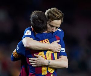 epa08179966 Barcelona's Argentinean striker Lionel Messi celebrates with Croatian Ivan Rakitic (back) scoring the 5-0 against Leganes during the King's Cup Round of Last 16 match between Barcelona and Leganes, in Camp Nou stadium, Barcelona, Spain 30 January 2020.  EPA/Alejandro Garcia
