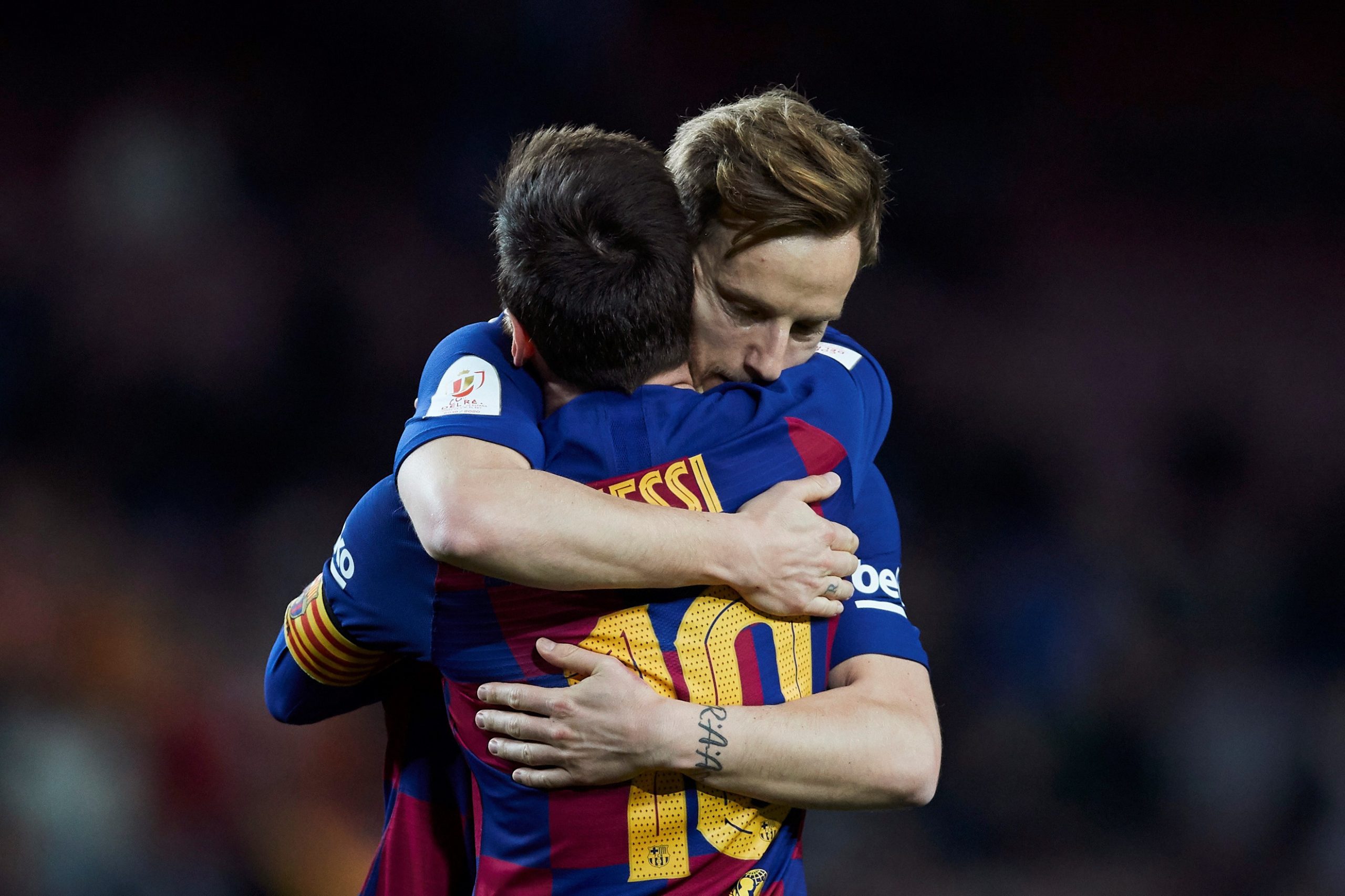 epa08179966 Barcelona's Argentinean striker Lionel Messi celebrates with Croatian Ivan Rakitic (back) scoring the 5-0 against Leganes during the King's Cup Round of Last 16 match between Barcelona and Leganes, in Camp Nou stadium, Barcelona, Spain 30 January 2020.  EPA/Alejandro Garcia