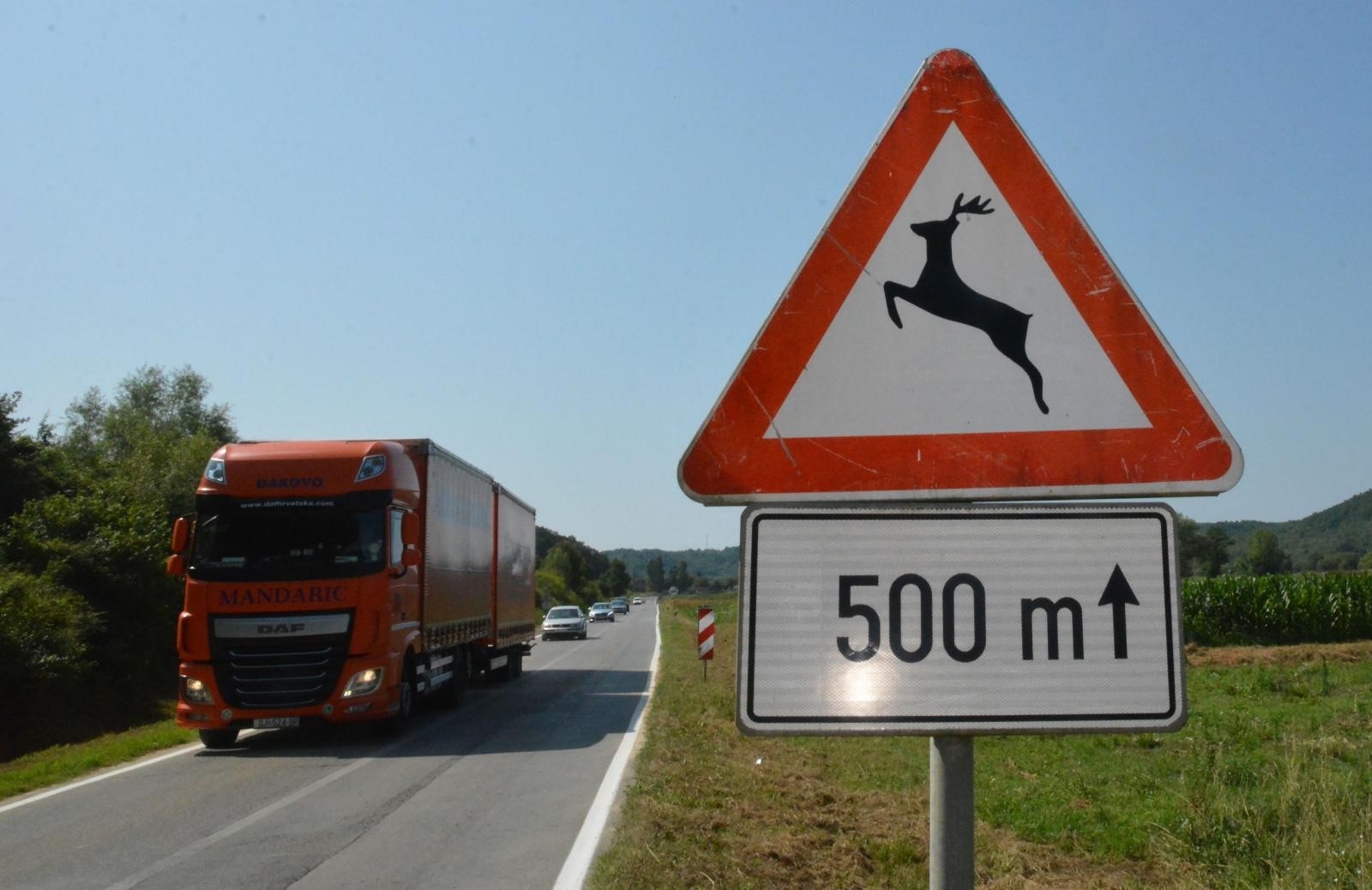 05.07.2019., Pozega - Prometni znak "divljac na cesti" na prometnici Slavonski Brod - Pozega. Photo: Ivica Galovic/PIXSELL
