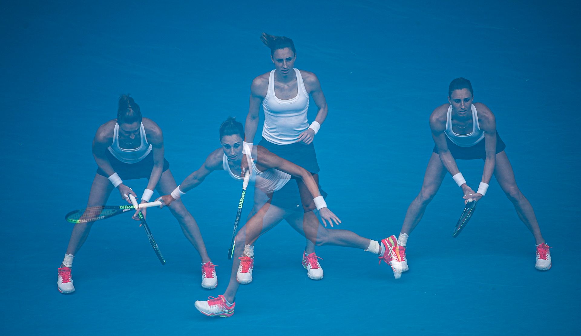 epa08149917 A multiple exposure showing Petra Martic of Croatia in action during her women's singles second round match against Julia Goerges of Germany at the Australian Open Grand Slam tennis tournament in Melbourne, Australia, 22 January 2020. EPA/ROMAN PILIPEY