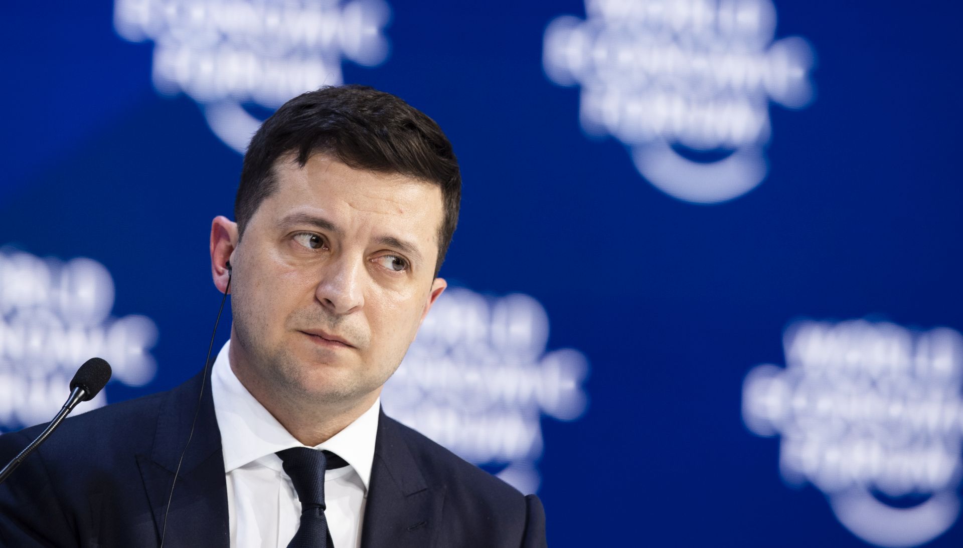 epa08151330 Volodymyr Zelensky, President of Ukraine during a plenary session during the 50th annual meeting of the World Economic Forum, WEF, in Davos, Switzerland, 20 January 2020. The meeting brings together entrepreneurs, scientists, corporate and political leaders in Davos from January 21 to 24.  EPA/GIAN EHRENZELLER