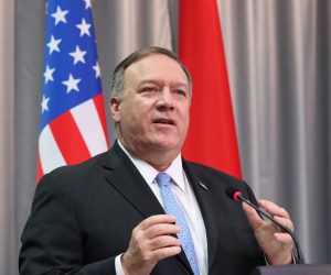 epa08184328 US Secretary of State Mike Pompeo talks to media at the Palace of Independence in Minsk, Belarus, 01 February 2020. Pompeo is on an official visit to Belarus.  EPA/TATYANA ZENKOVICH