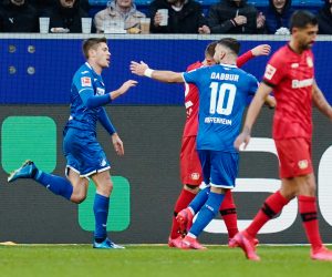01 February 2020, Baden-Wuerttemberg, Sinsheim: Hoffenheim's Andrej Kramaric (L) celebrates scoring his side's first goal with team mate Munas Dabbur during the German Bundesliga soccer match between TSG 1899 Hoffenheim and Bayer 04 Leverkusen at Rhein-Neckar-Arena. Photo: Uwe Anspach/dpa - IMPORTANT NOTICE: DFL and DFB regulations prohibit any use of photographs as image sequences and/or quasi-video.
