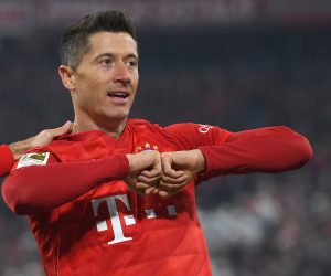 25 January 2020, Bavaria, Munich: Bayern Munich's Robert Lewandowski celebrates scoring his side's first goal during the German Bundesliga soccer match between Bayern Munich and FC Schalke 04 at Allianz Arena. Robert Lewandowski has been voted Poland's 2019 player of the year for an eighth time. Photo: Angelika Warmuth/dpa - IMPORTANT NOTICE: DFL and DFB regulations prohibit any use of photographs as image sequences and/or quasi-video.