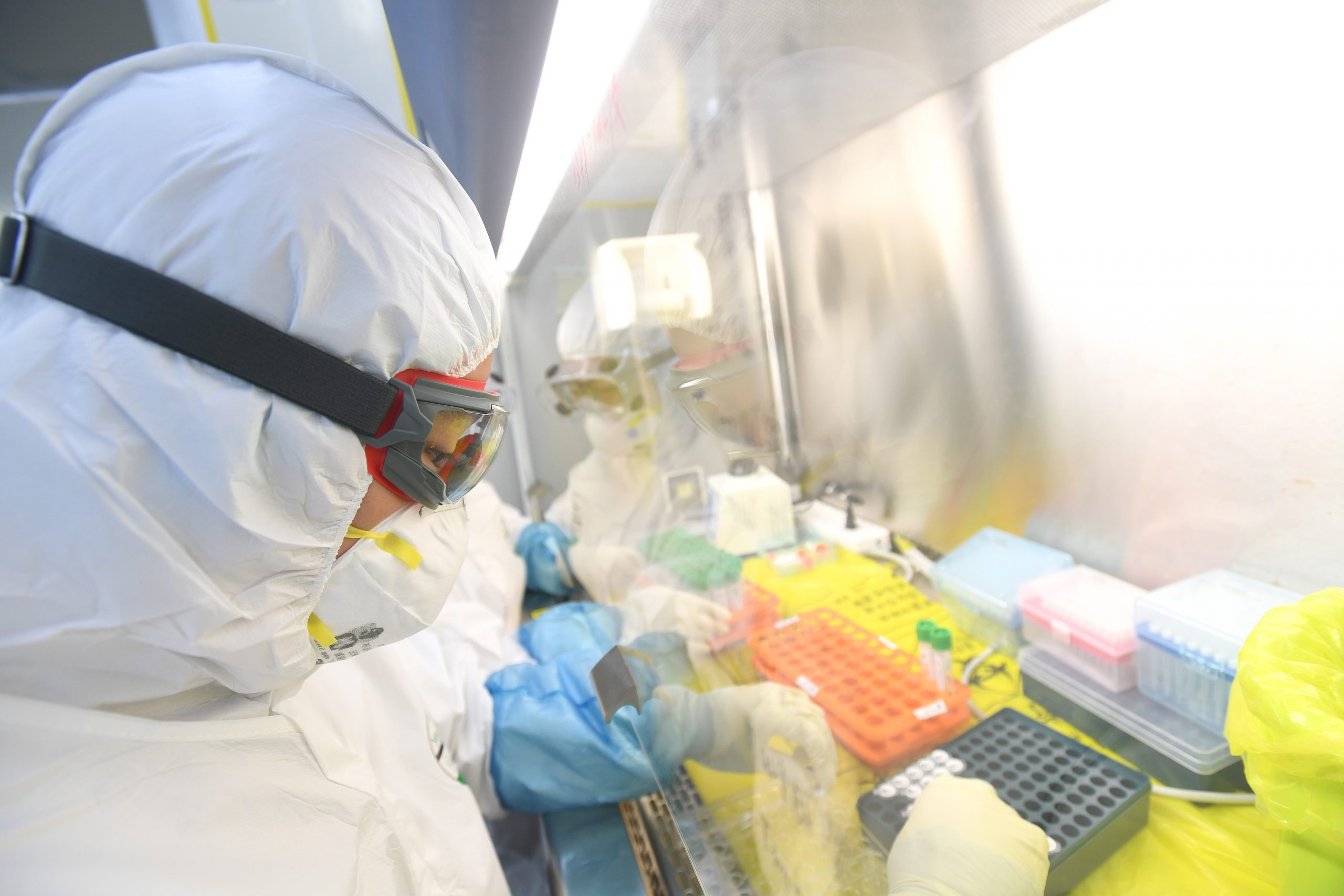 epa08199487 A staffer works in the pop-up Huoyan Laboratory specialized in the nucleic acid test on the novel coronavirus (2019-nCoV) in Wuhan, Hubei province, China, 06 February 2020 (issued 07 February 2020). The P2-level biosafety lab was built in five days, designed to perform 10,000 coronavirus tests per day to cope with the outbreak. The virus, which originated in the Chinese city of Wuhan, has so far killed at least 638 people and infected over 31,000 others, mostly in China.  EPA/SHEPHERD ZHOU CHINA OUT
