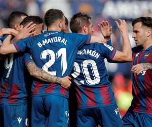 epa08202611 Levante forward Roger Marti (R) celebrates with teammates after scoring a goal during the Spanish LaLiga match between Levante UD and CD Leganes at Ciudad de Valencia Stadium, in Valencia, eastern Spain, 08 February 2020.  EPA/KAI FOERSTERLING