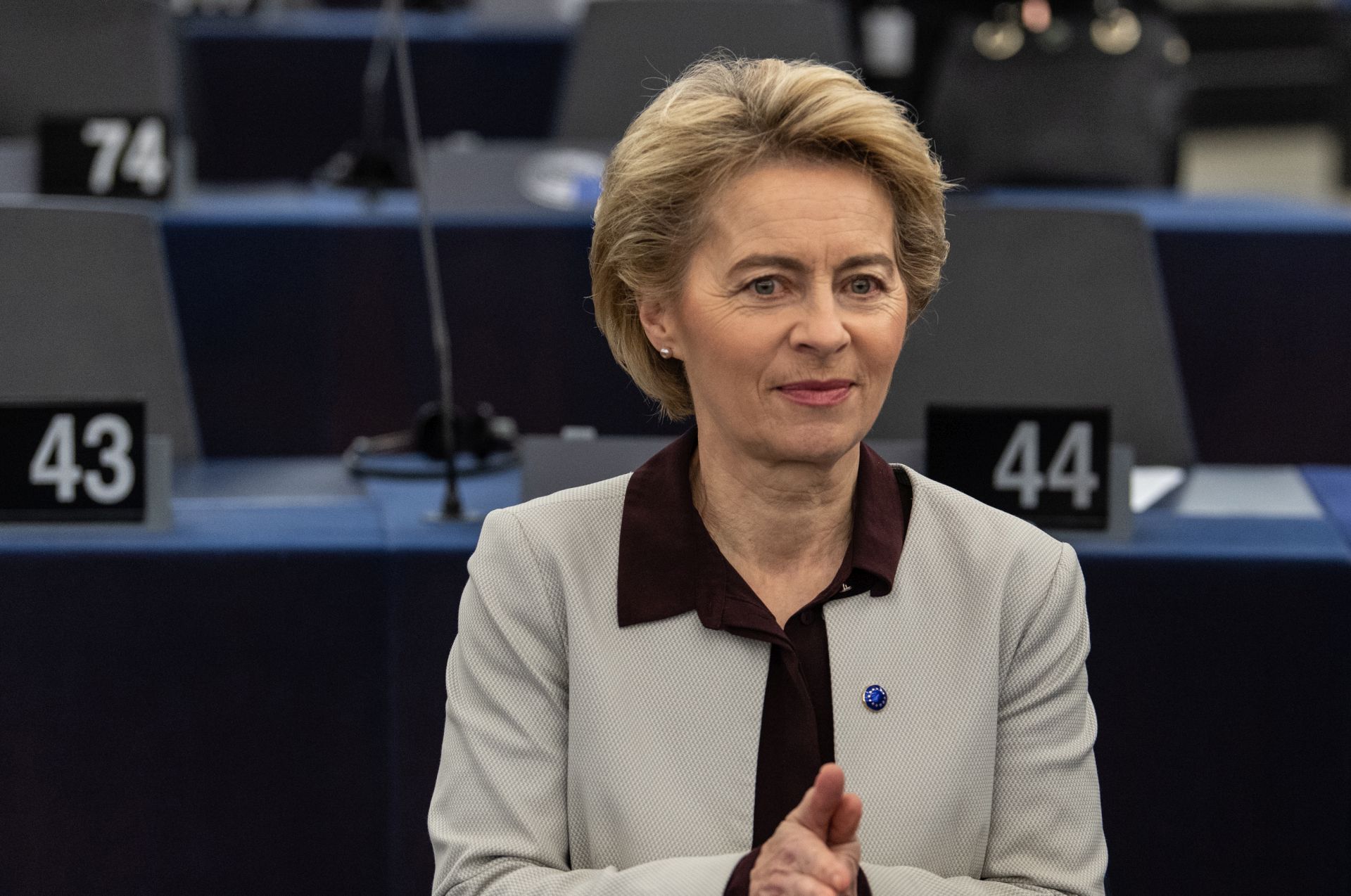 epa08212504 President of the European Commission Ursula von der Leyen reacts before her speech at the debate on the Preparation of the Extraordinary European Council Meeting on the Multiannual Financial Framework at the European Parliament in Strasbourg, France, 12 February 2020. The extraordinary meeting will take place on 20 February 2020.  EPA/PATRICK SEEGER