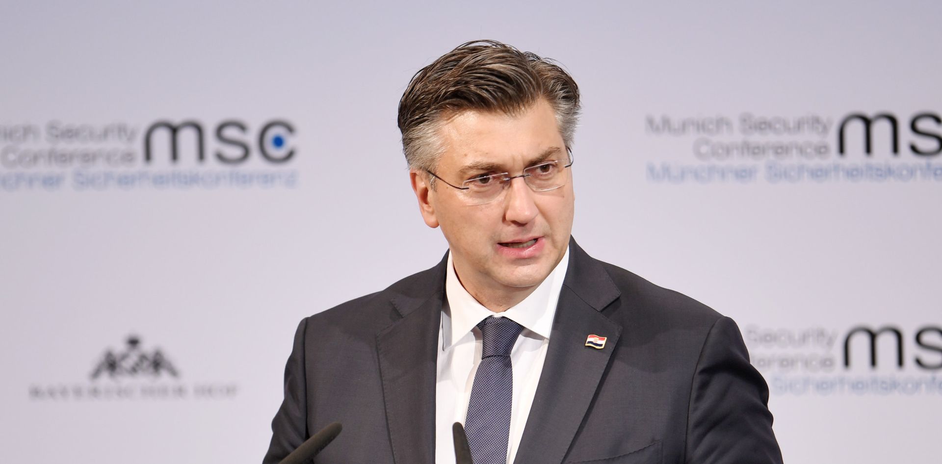 16 February 2020, Bavaria, Munich: Croatian Prime Minister Andrej Plenkovic speaks during the last day of the 56th Munich Security Conference. Photo: Tobias Hase/dpa