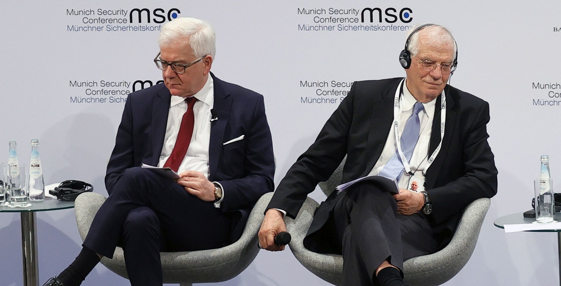 epa08221460 Poland's Foreign Minister Jacek Czaputowicz (L) and EU Foreign Policy Chief Josep Borrell (R) during a Panel Discussion 'Eurovision Contest: A Europe That Projects' at the 56th Munich Security Conference (MSC) in Munich, Germany, 16 February 2020. More than 500 high-level international decision-makers meet at the 56th Munich Security Conference in Munich during their annual meeting from 14 to 16 February 2020 to discuss global security issues.  EPA/RONALD WITTEK