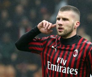 epa08224601 AC Milan's Ante Rebic celebrates after scoring the 1-0 goal during the Italian Serie A soccer match between AC Milan and Torino FC at Giuseppe Meazza stadium in Milan, Italy, 17 February 2020.  EPA/MATTEO BAZZI