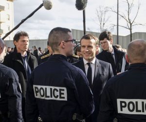 epa08225804 French President Emmanuel Macron (C) and French Interior Minister Christophe Castaner (R) meet police officers during a visit to the police station in the district of Bourtzwiller, in Mulhouse, eastern France, 18 February 2020. During his visit in Mulhouse, French President will announce the government's strategy to fight 'Islamist separatism' and 'discrimination', he said on February 18.  EPA/SEBASTIEN BOZON / POOL  MAXPPP OUT